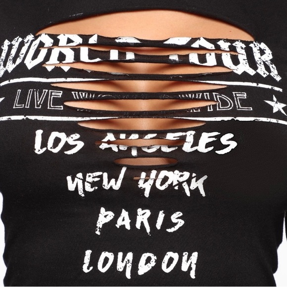 NEW Fashion Nova World Tour LA NY London Paris🌆 Black Laser Cut T Shirt L - Picture 7 of 16